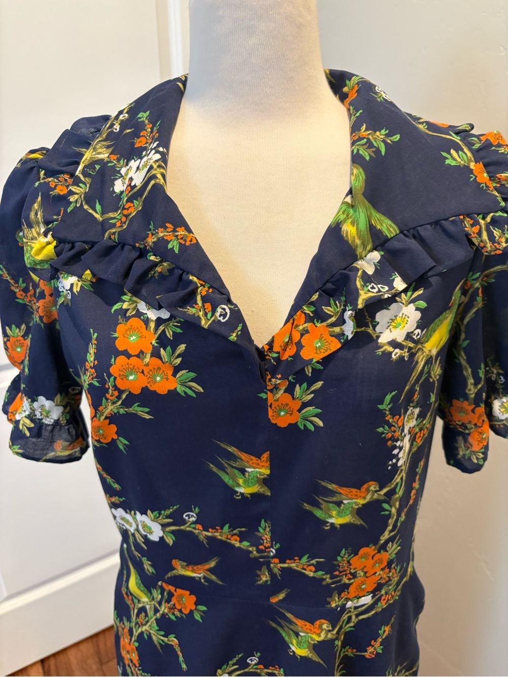 Vintage Navy Floral Birds Ruffle V-Neck Dress Cotton Size Small/Medium Retro